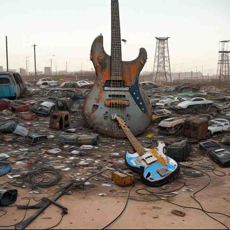 Two guitar sitting on top of a pile of junk. The junk is a mix of different materials, including old electronics, furniture, and appliances. 