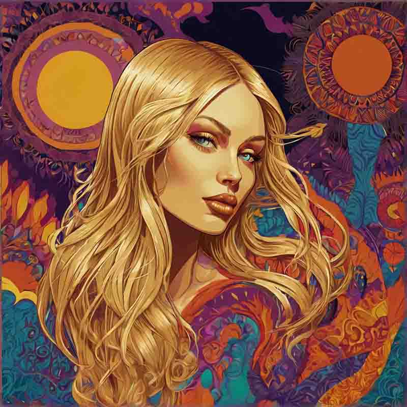 A stunning Psychedelic Rock woman with flowing golden locks gracefully poses amidst vibrant sunflowers.