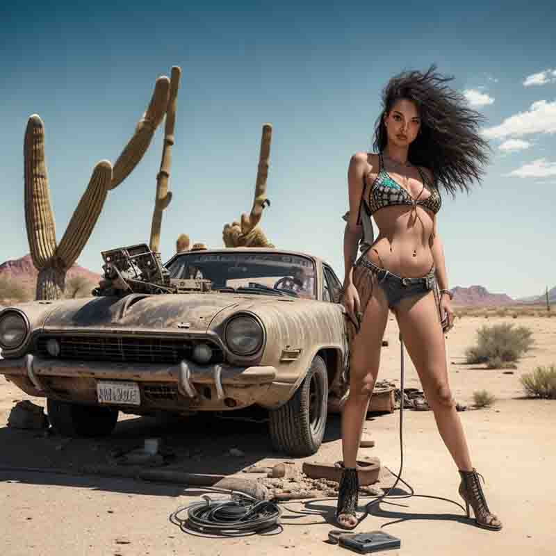 Hot stoner rock babe standing next to a car in the desert