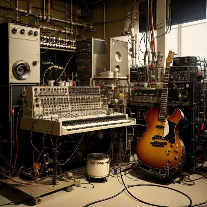 A guitar sitting in front of a large amplifier and mixing desk in futuristic stoner rock studio.