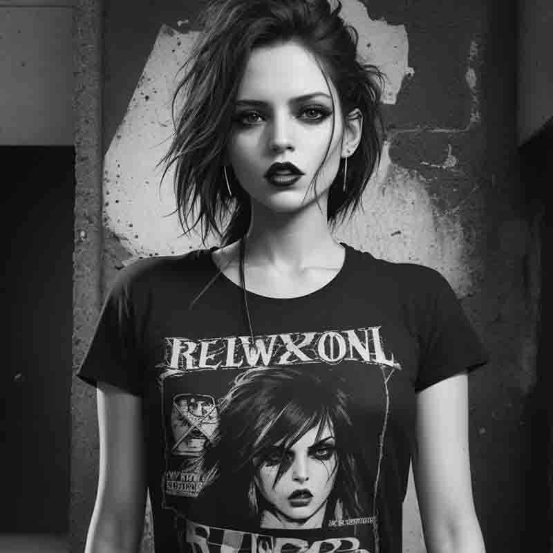 A woman dons a black graphic tee shirt. Her confident stance exudes style and individuality.