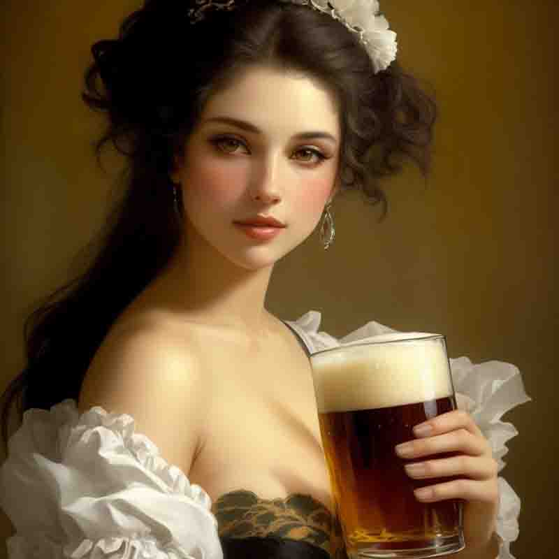 Image of a woman holding a glass of beer. She is wearing a white dress with black lace and a white flower headpiece. The glass of beer is a pint glass with a white head. The background is a warm yellow color with a soft focus.