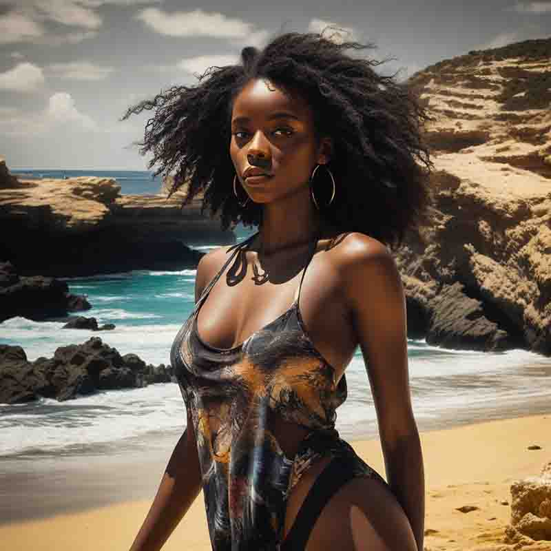 Fine art image of a stunning black model at the rugged seacoast of Ibiza. In the background cliffs, seashore and blue sky with white clouds.