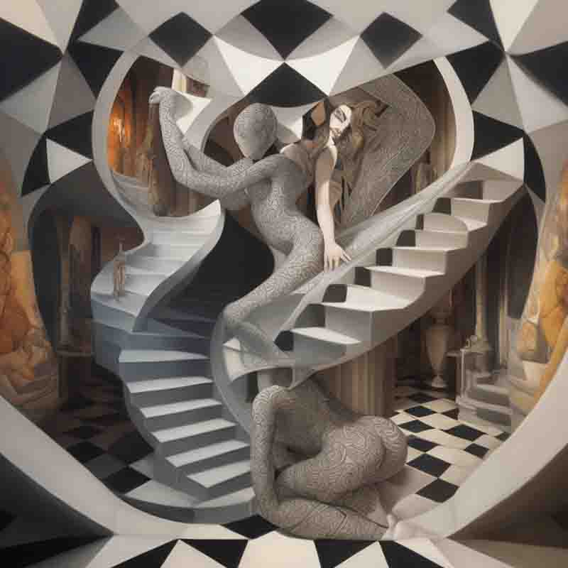 Surreal image of a woman with a snake-like body in a black and white checkered room. The room has a checkered floor and walls, The image has a dream-like quality and is reminiscent of the work of M.C. Escher.