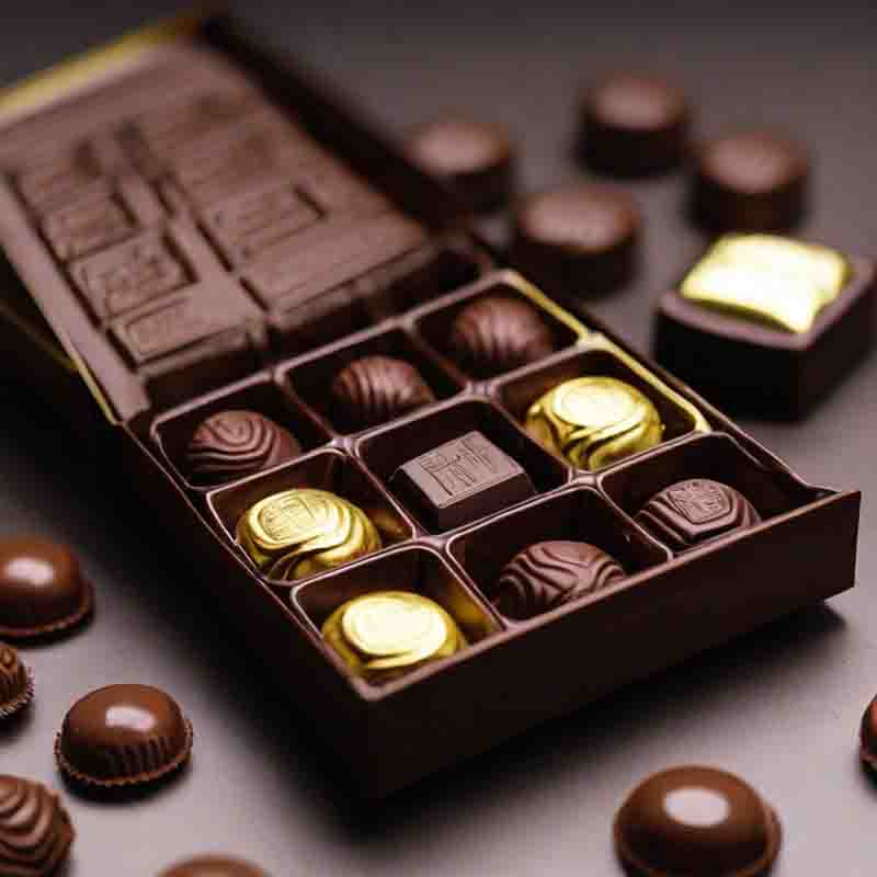 Assorted chocolates in a box wrapped in shiny gold foil.