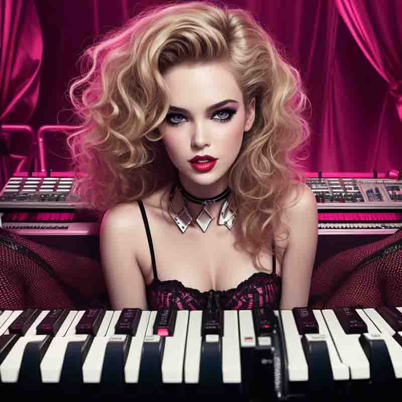 Glamorous model in lingerie posing on top of a Synthesizer.