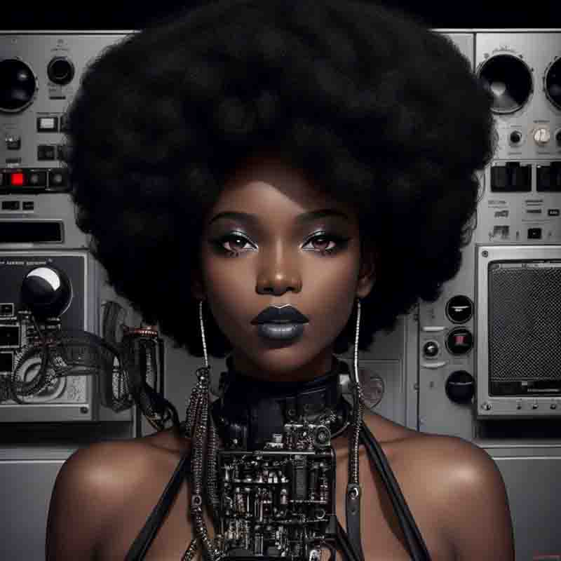 Model with voluminous afro hair and captivating black makeup, posing with a Synthesizer.