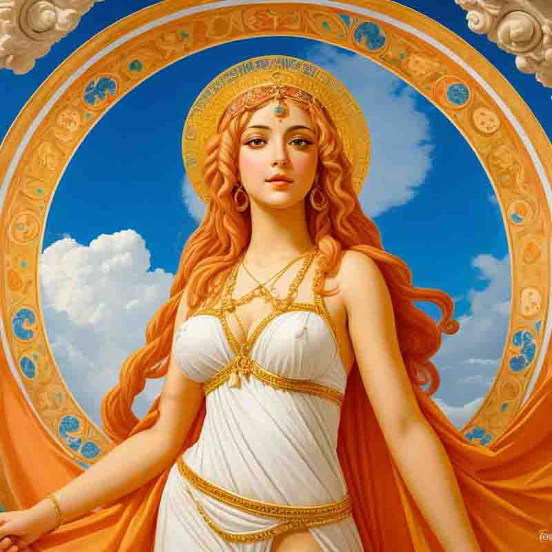 A classic painting of Tanit the Goddess of Fertility. In the background a golden circle with ornaments over blue sky.