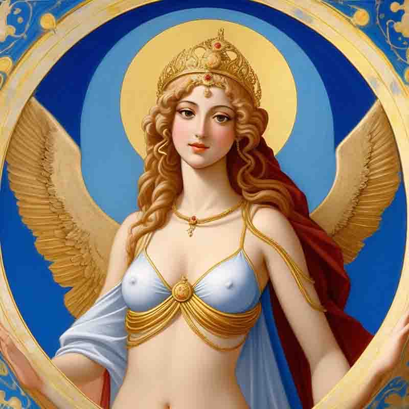 A classic painting of a young blonde beautiful woman wearing a crown with wings who is supposed to represent the Ibizan goddess Tanit. In the background a temple-like blue and golden building.