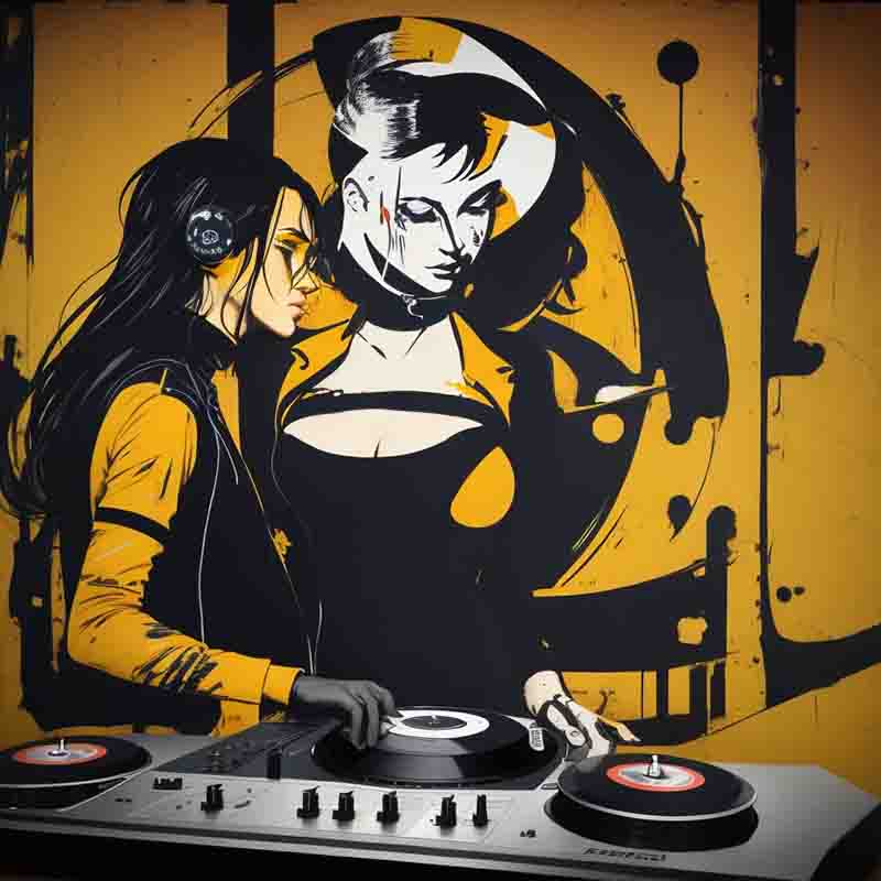 Two female Berlin DJs working the turntables. The image is done in the style of american expressionism with an abstract black and yellow painting in the background