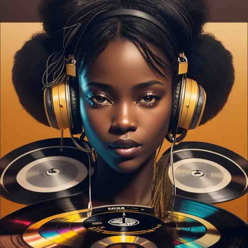 Young black techno DJ in front of a DJ record player. She is wearing headphones and has a relaxed expression on her face.