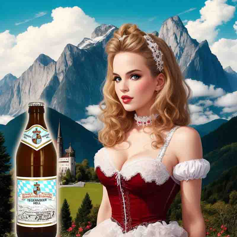 Graceful woman in an elegant bavarian dress stands beside a bottle of Tegernsee lager beer, exuding beauty and sophistication.