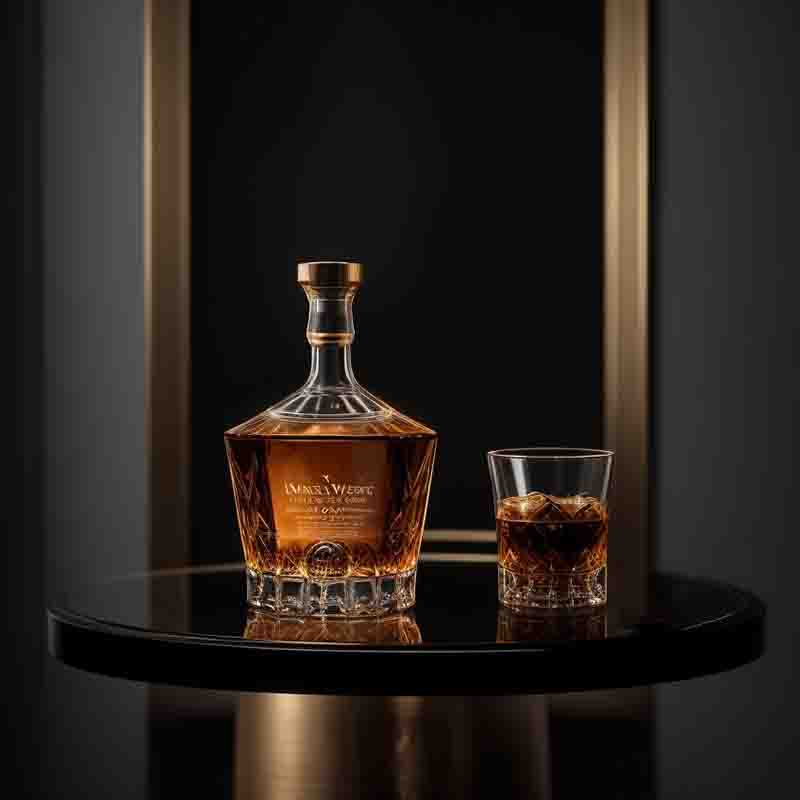 A bottle of whiskey and a glass placed on a table, ready to be enjoyed and savored.