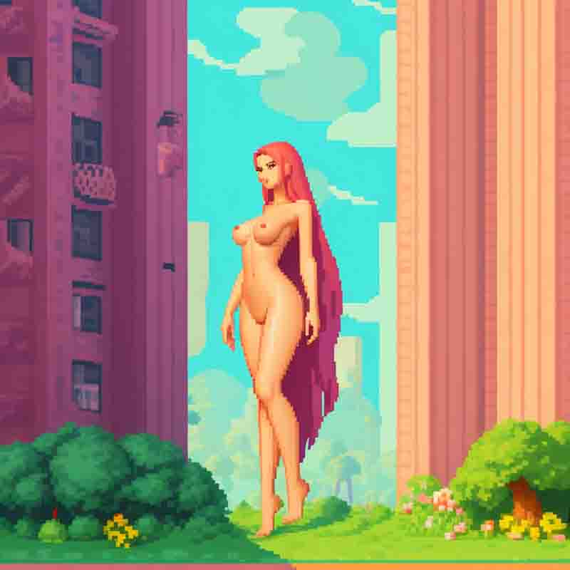 A pixel art image of a nude woman standing amidst towering buildings.