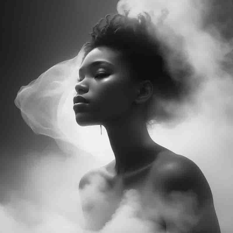 A woman with steam vapor rising creating a fascinating and mysterious visual effect.