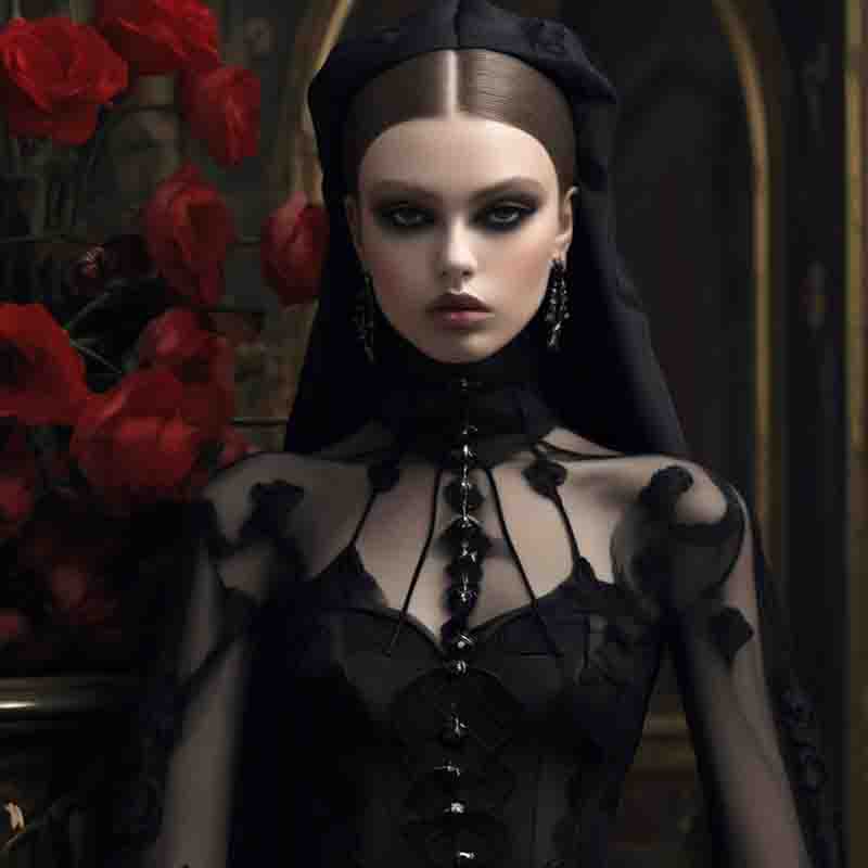 Captivating gothic woman in black dress and veil surrounded by roses.