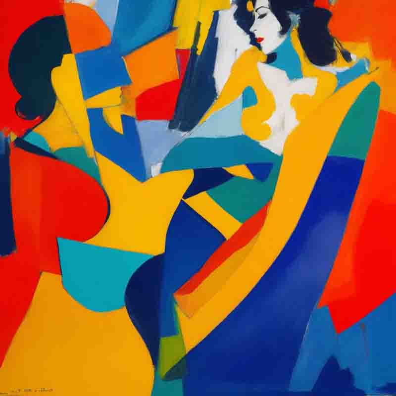 Fine art painting of two women in a colorful abstract style. The painting is dominated by bright colors such as blue, orange, red, and yellow. The women are shown in profile, with one facing left and the other facing right.