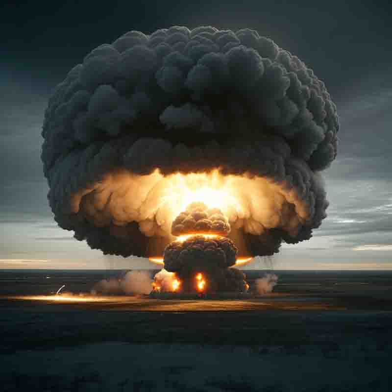 A massive nuclear explosion illuminates the sky, releasing destructive energy and creating a catastrophic scene.