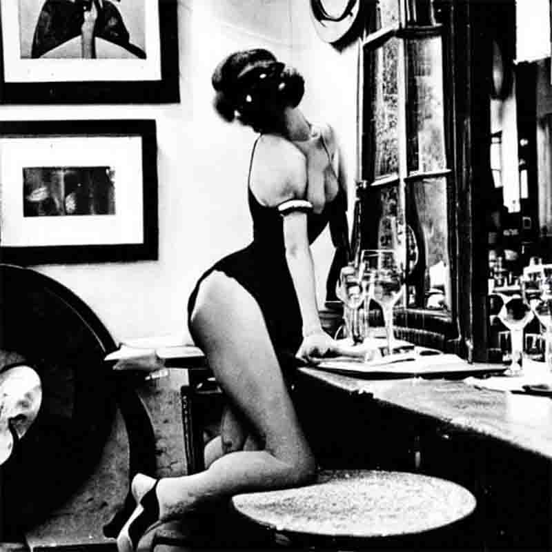 In this moody, expressionistic image titled wine woman song, a scantily clad lady is kneeling on a table by the bar