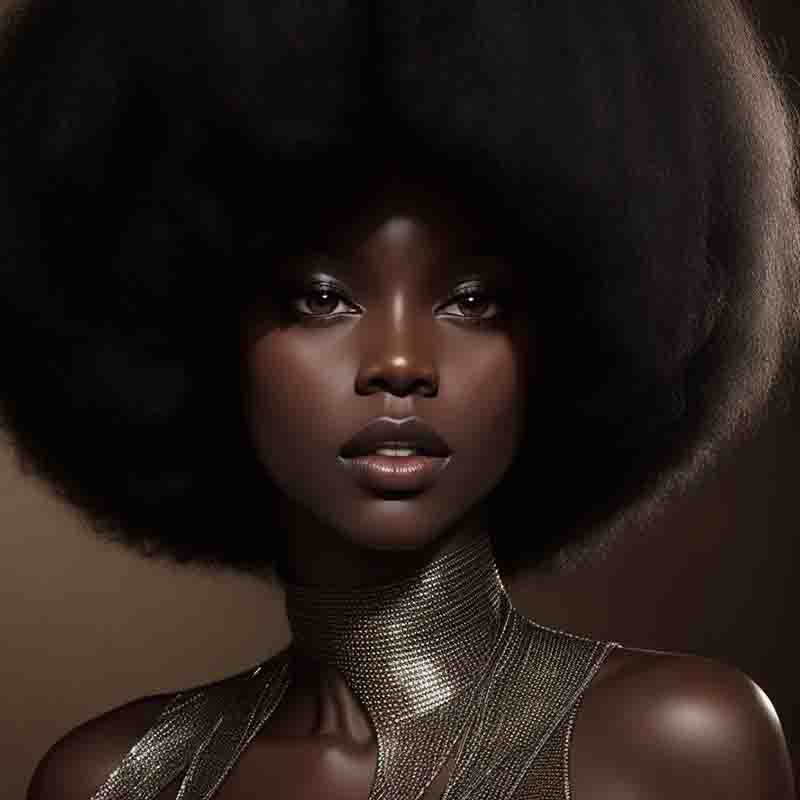 A stunning African woman with voluminous afro hair dressed in Disco Fashion poses for the camera.