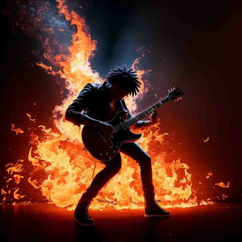 Intense musical passion as a black guitar player sets the stage ablaze with flames creating a stunning visual spectacle.