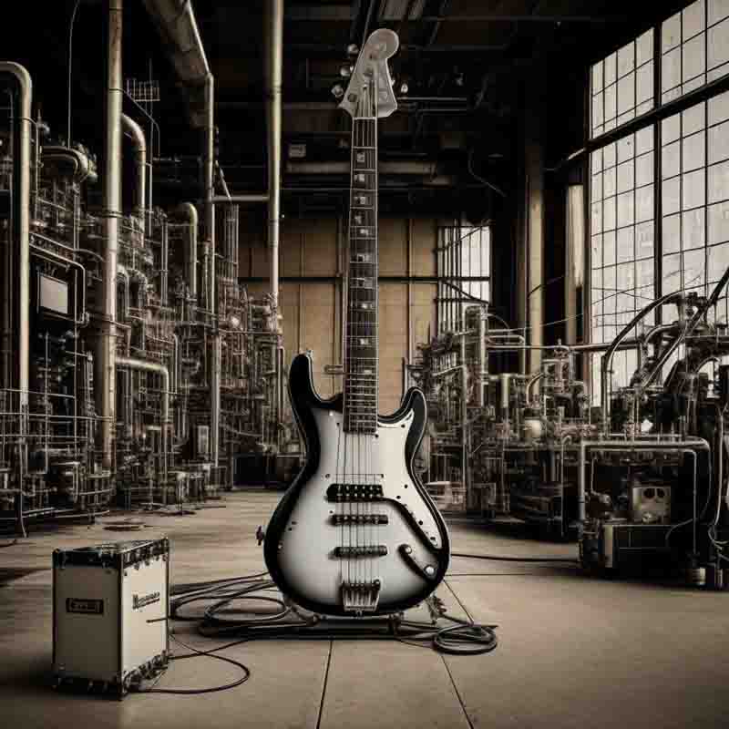 A white and black guitar in a futuristic factory
