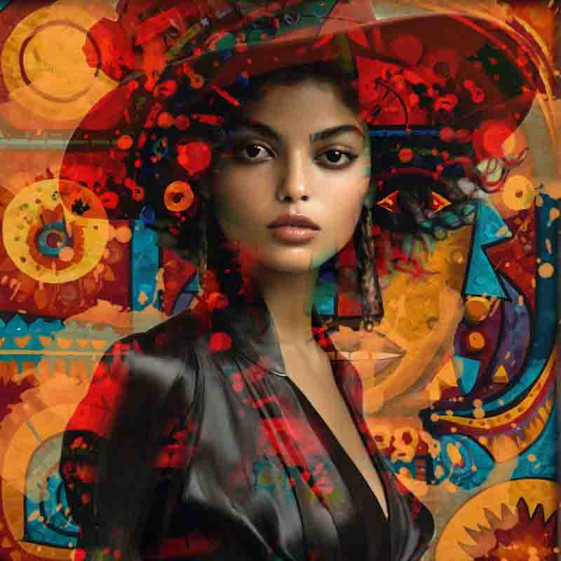 Latin Rock Model in elegant pose in front of a vibrant latin art painting.