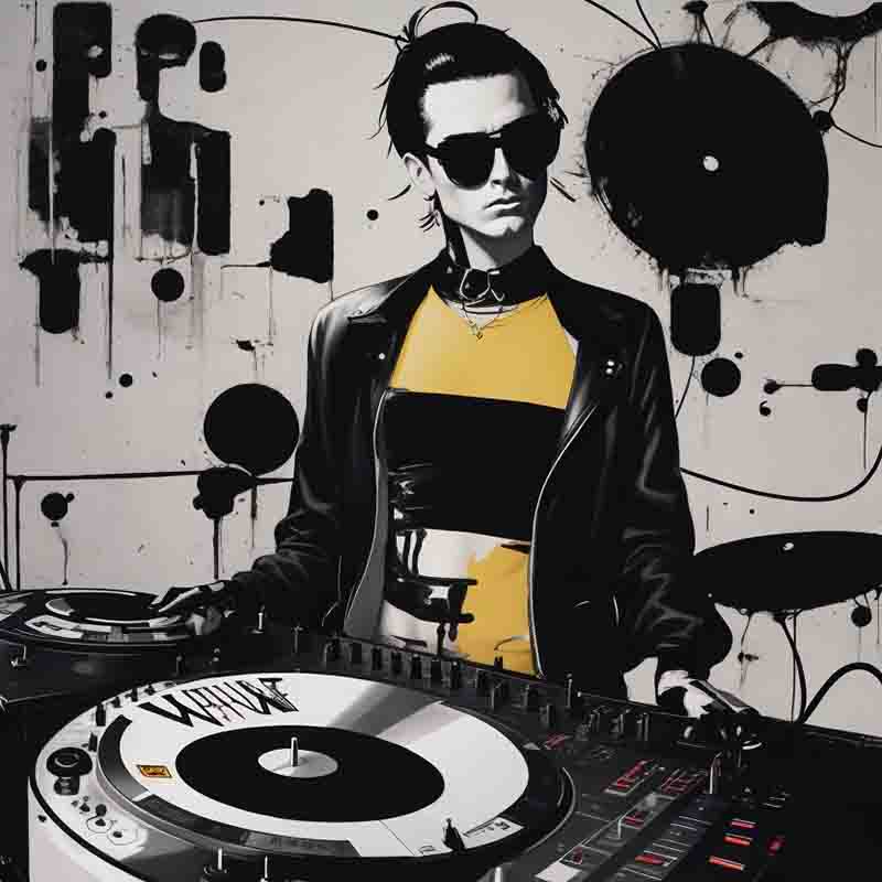 Berlin Techno DJ with turntables. The DJ is wearing sunglasses, a black and yellow shirt and a leatherjacket. The background is a black and grey wall painted in the style of american expressionism.