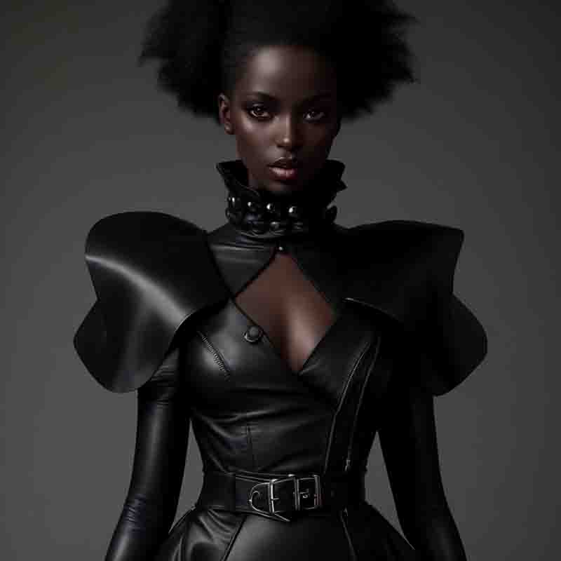 A stylish black Vamp Chic woman wearing a leather dress and jacket