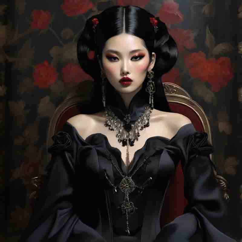 Asian Gothic woman in an exquisite black and red dress, gracefully rests upon a regal chair.