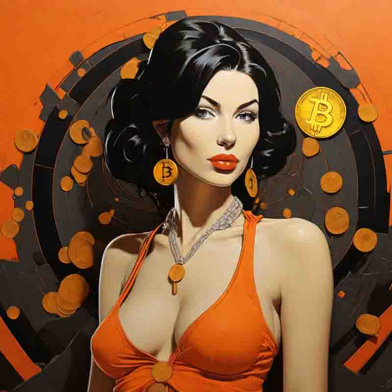 A woman in an orange dress with bitcoin earrings, depicted in a vibrant bitcoin painting.