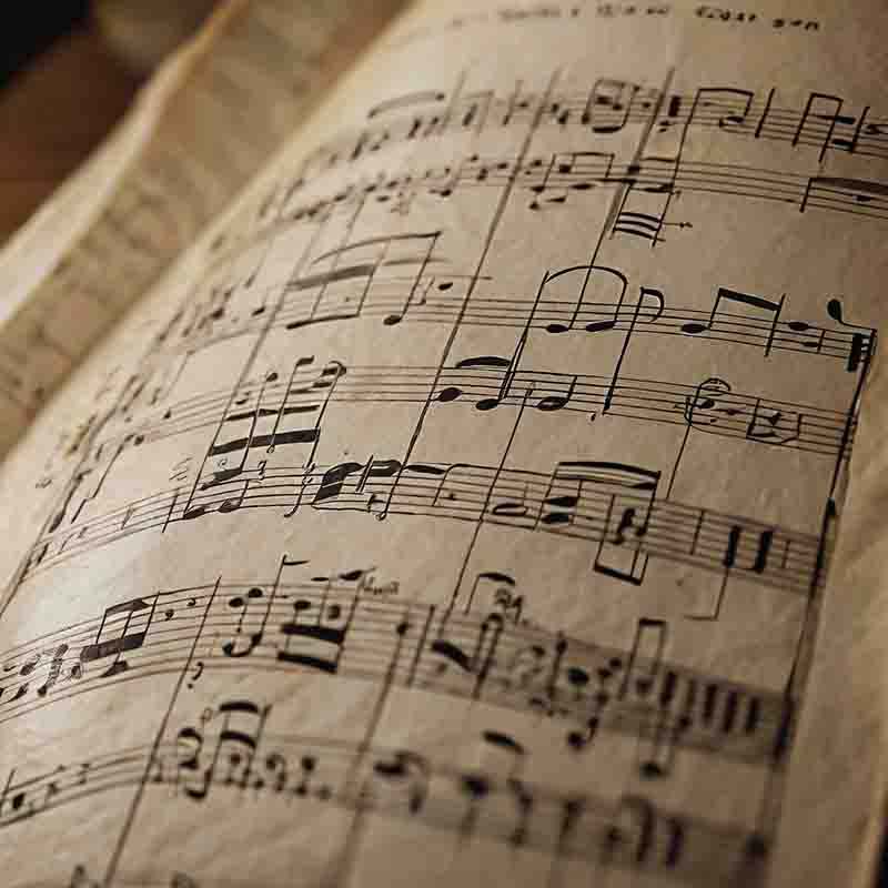 A vintage sheet music lies on a table, its worn pages revealing the artistry of a musical composition.