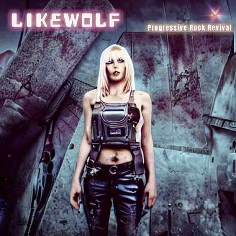 A blond female figure stands in a futuristic, surreal prog rock setting. The lettering reads Likewolf, Progressive Rock Revival