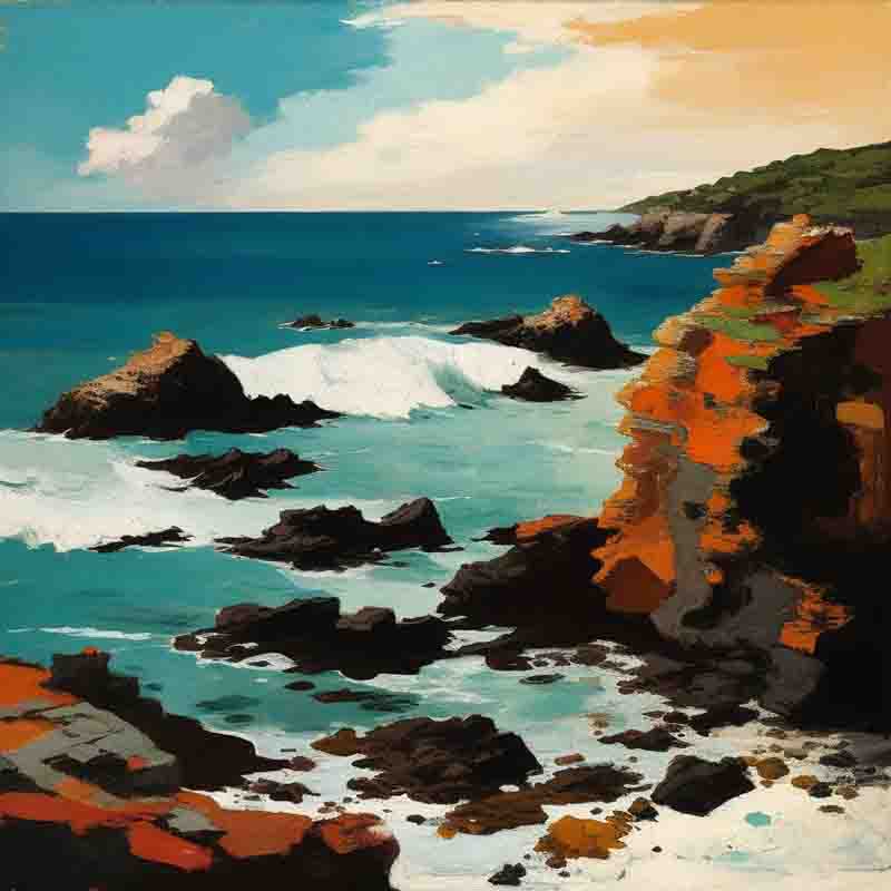 Ibiza fine art painting of a rocky shoreline with waves crashing against the rocks. The waves are large and powerful, and they are causing the rocks to spray with water.