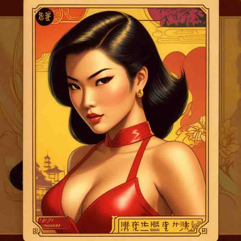 Trading Card showcasing sensual lady donning an exquisite scarlet gown adorned with a mesmerizing Chinese character.