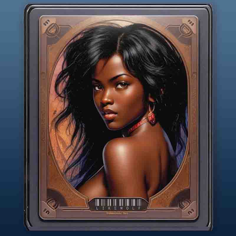Trading Card showcasing sensual and captivating black woman with luscious long hair.