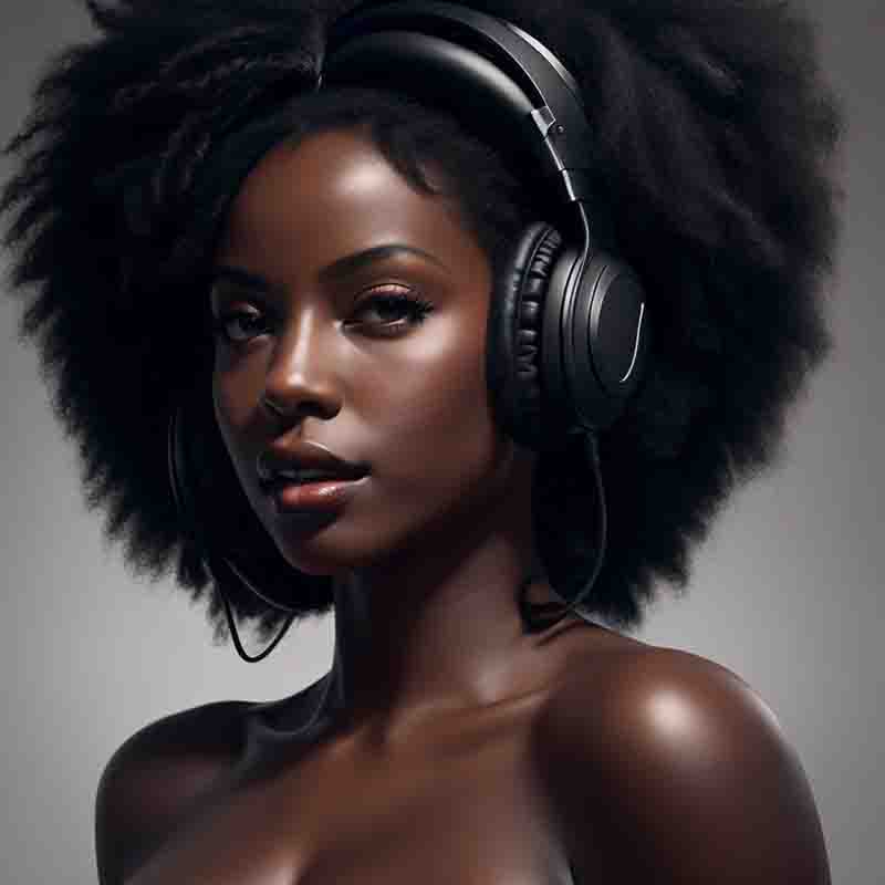 African American woman wearing headphones looking chic and enjoying her music online web based music player.