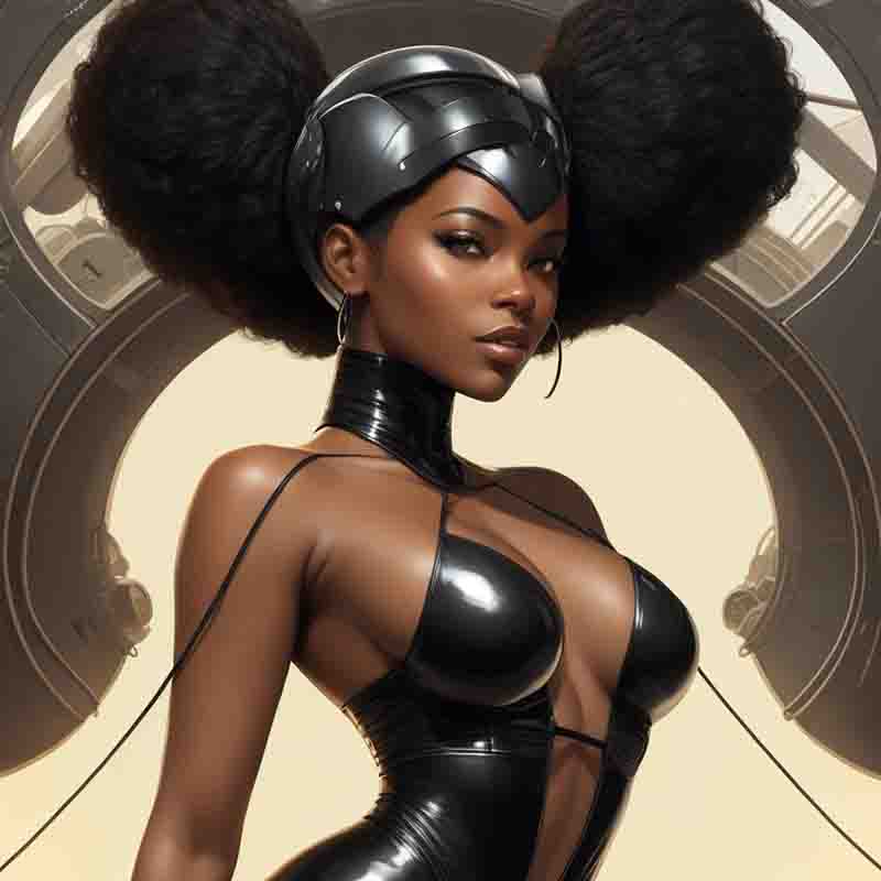 Black science fiction woman wearing a black latex outfit, exuding confidence and style.