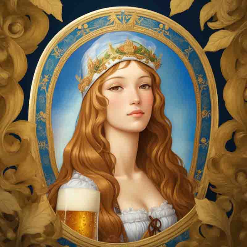 Image of an Oktoberfest woman and a glass of beer in a baroque style frame. The frame is gold in color with intricate details and a blue background.
