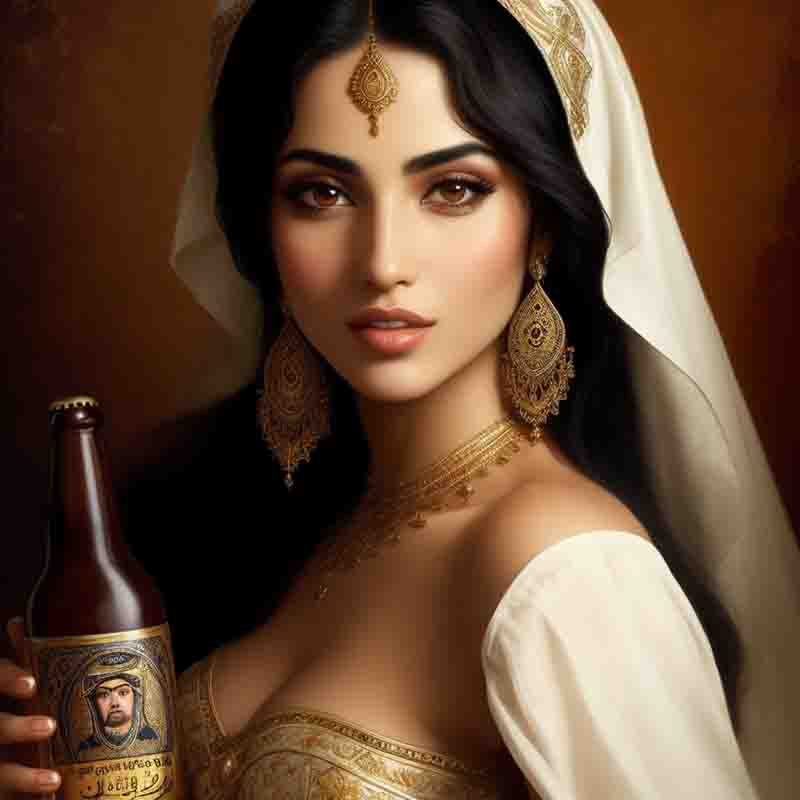 Photo-realistic image of a woman holding a beer bottle in her hand. She is wearing a white dress with a gold embroidered neckline and a white veil. The beer bottle is brown with a gold label. The background is a dark brown color.