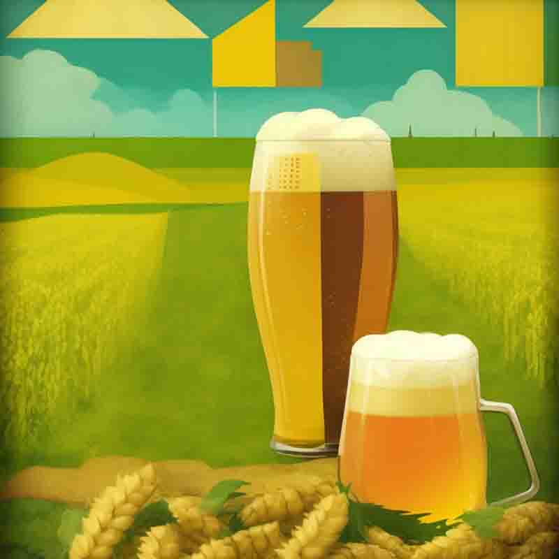 Illustration of two glasses of beer in a field of barley. The background is a stylized landscape with green hills, blue sky and white clouds. The left glass is a tall pilsner glass with a white head, while the right glass is a mug with a handle and a white head.