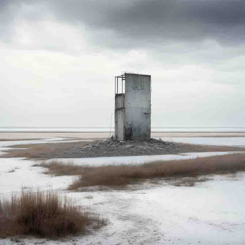 Photo-realistic image of a dilapidated concrete tower on a barren landscape. The landscape is covered in snow and dead grass, and the sky is overcast and gray.