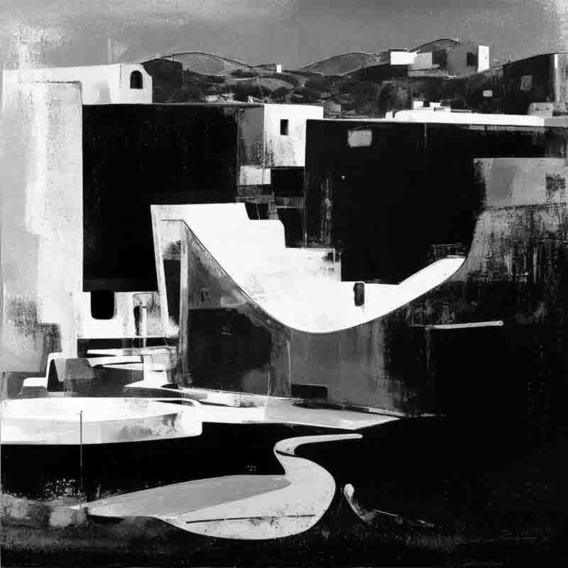 Black and white fine art painting of a townscape of Ibiza. The buildings all have different shapes and sizes and are all rendered in great detail.