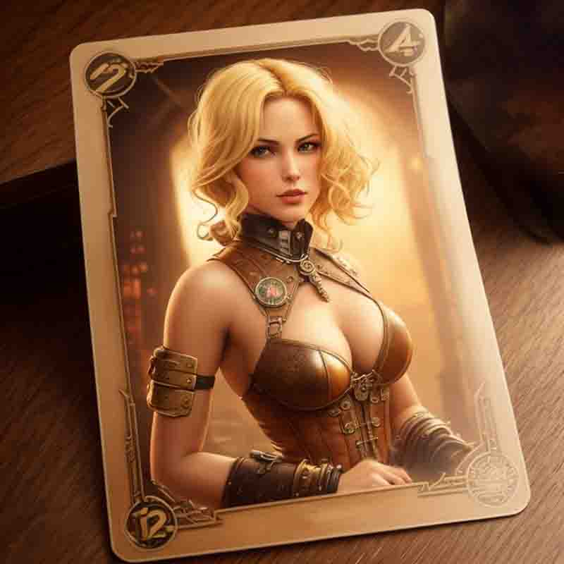 Trading Card showcasing captivating woman, clad in a sleek leather ensemble.