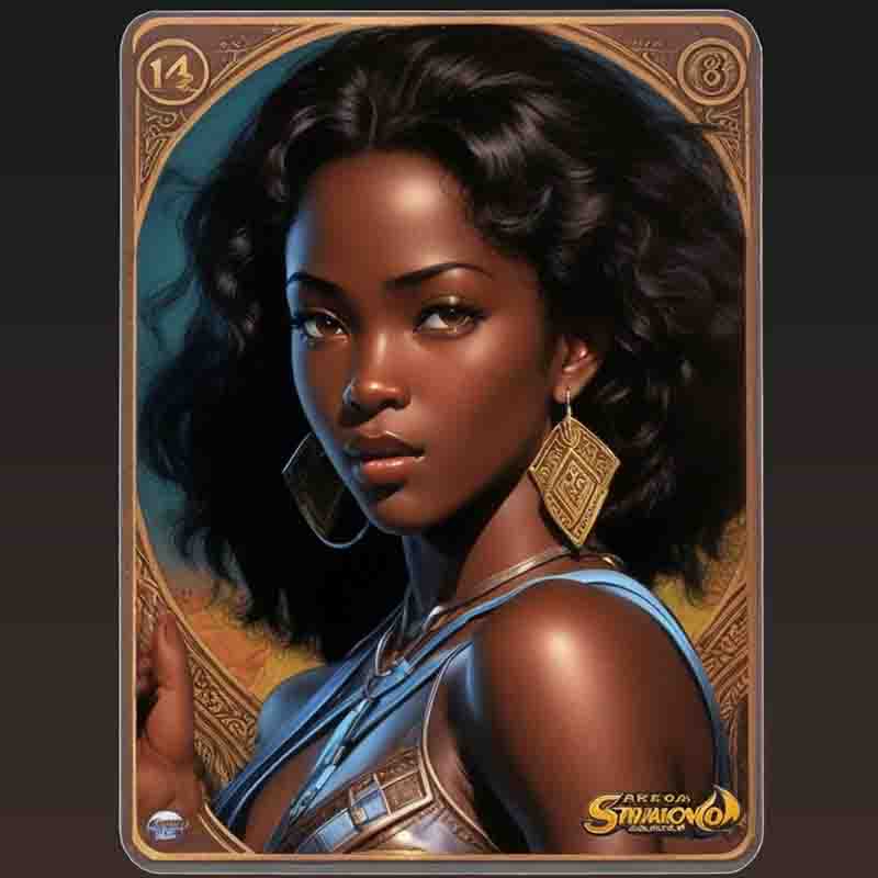 Trading Card showcasing stylish black woman wearing gold earrings and a necklace.