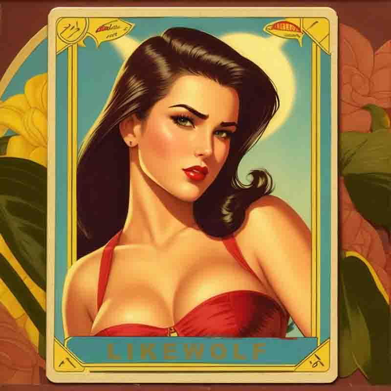 Trading Card showcasing sensual model in a vibrant red bikini top.