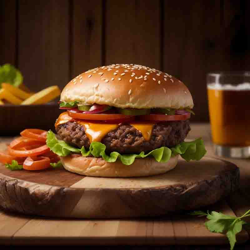 image depicts a delicious hamburger topped with cheese and lettuce, placed on a rustic wooden cutting board.