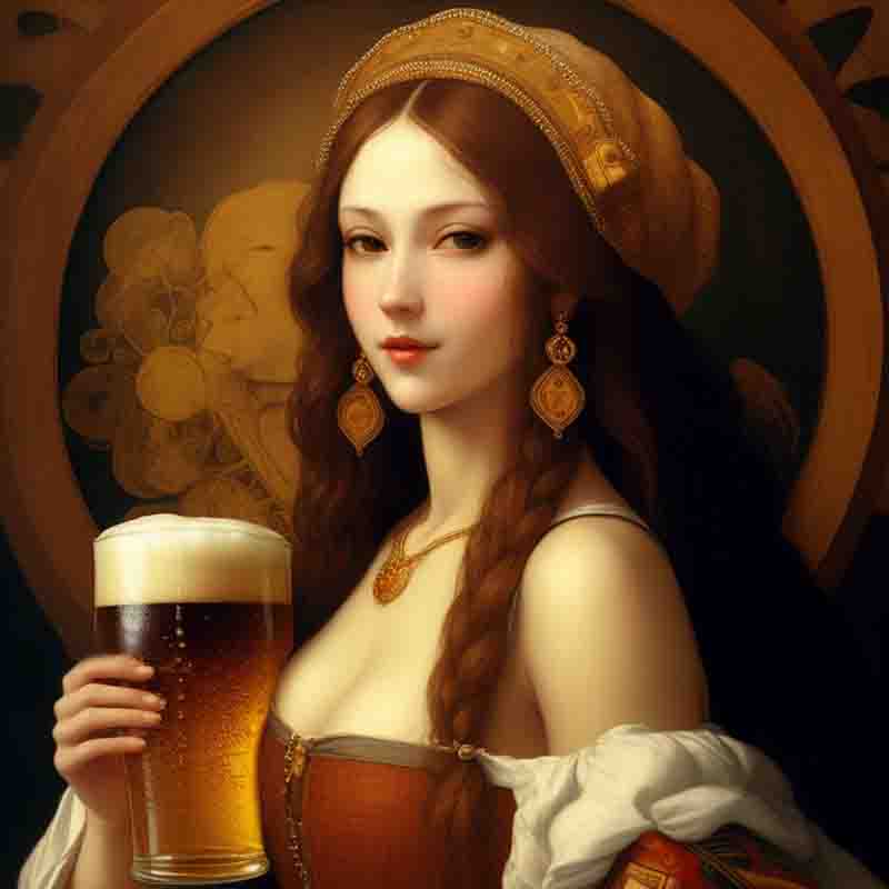 A beautiful sensual traditional Munich woman in front of a golden brown setting holding a chilled glass of beer in her hand