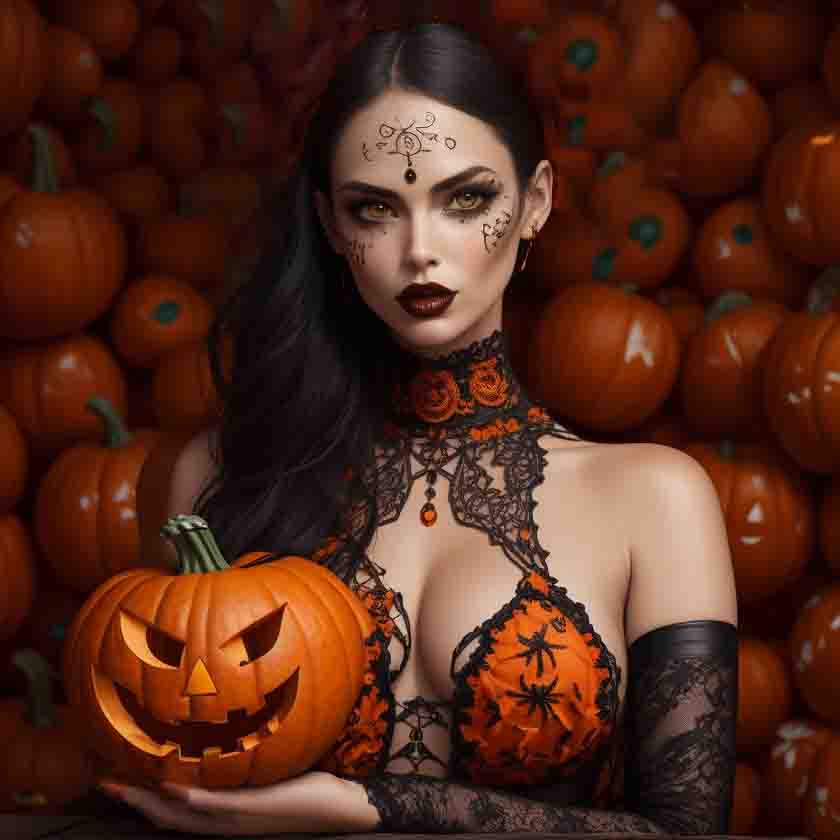 A sensual woman in a Halloween costume, exuding allure, holds a pumpkin in her hands, embodying the spirit of the occasion.