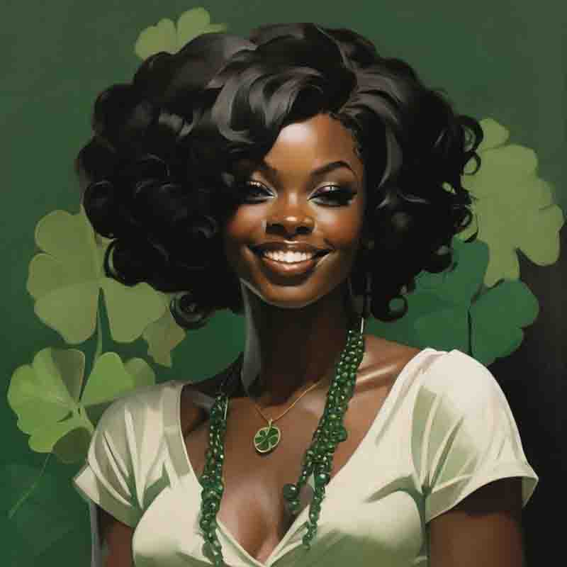 Portrait of a black woman with green shamrock background during St. Patrick's Day celebrations